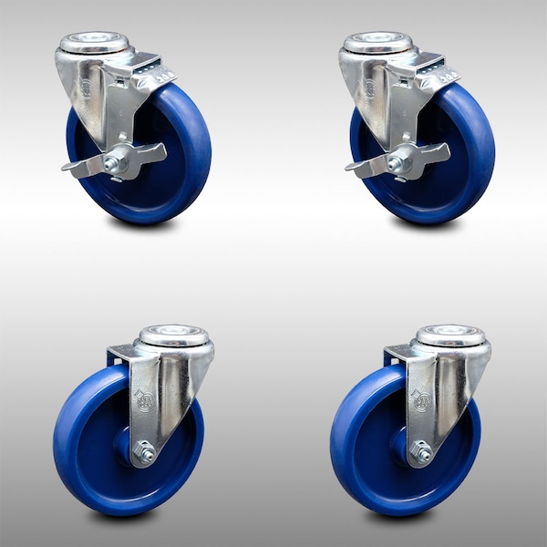 5 Inch SS Solid Polyurethane Wheel Swivel Bolt Hole Caster Set with 2 Brake SCC